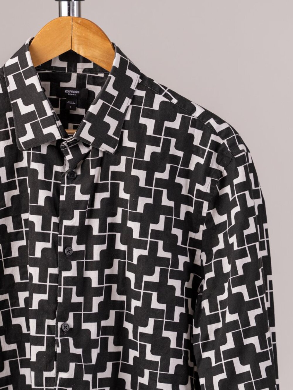 Express Long Sleeve Men's Black and White Modern Cube Shirt
